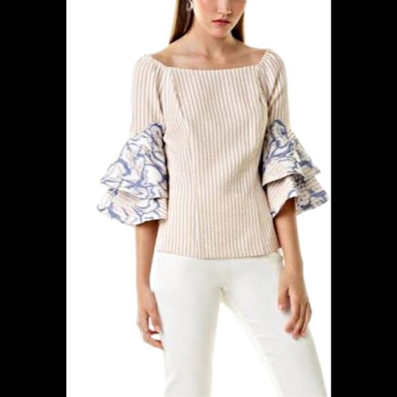 ALBERTO MAKALI SEERSUCKER OFF THE SHOULDER BLOUSE MEDIUM - Picture 13 of 13